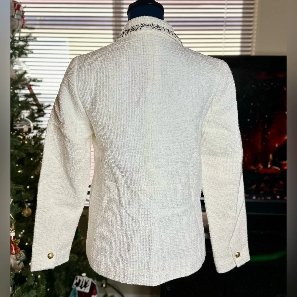 EUC Talbots Cream Tweed Blazer w/ Fringe Trim